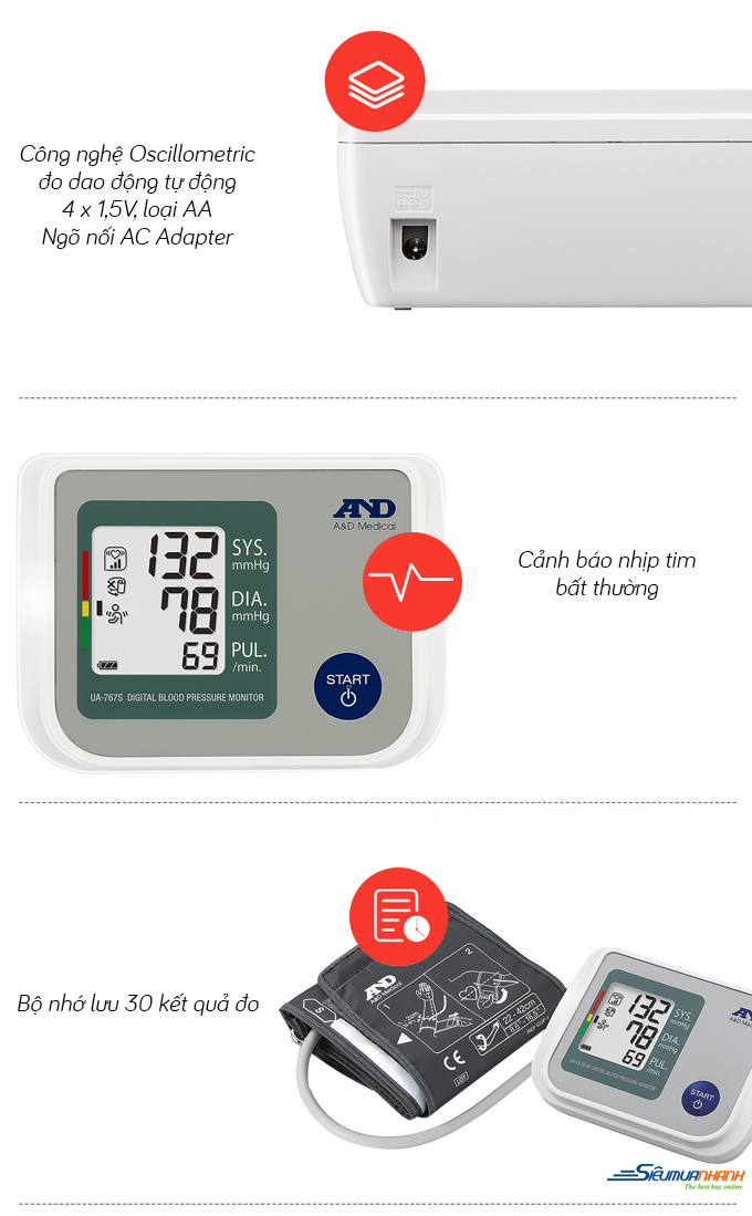 Máy đo huyết áp bắp tay tự động AND UA-767S